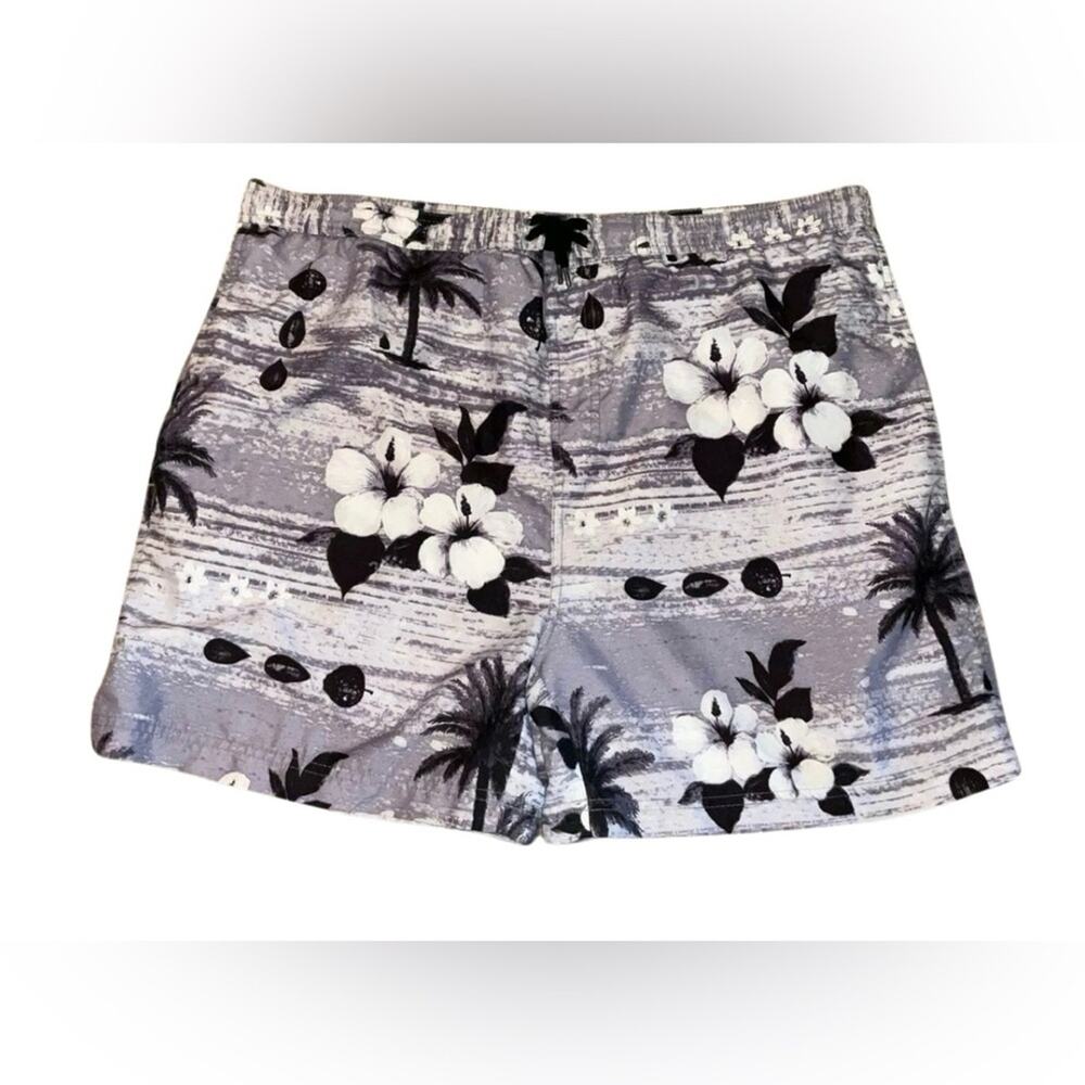 Sand N Sun Swim Trunks Large Black White Hawaiian Tropical Mesh Lined Size M